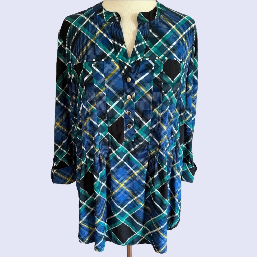 COCOMO Small 3/4 sleeve blue green yellow women’s pintuck Blouse tunic shirt